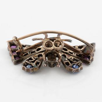 Brosch i form av fjäril, 14K guld och silver med rosenslipade diamanter, rubiner, safirer och pärlor.
