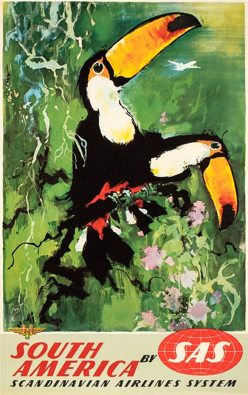 Otto Nielsen, affisch 'South America by SAS Scandinavian Airlines System', omkring 1958.