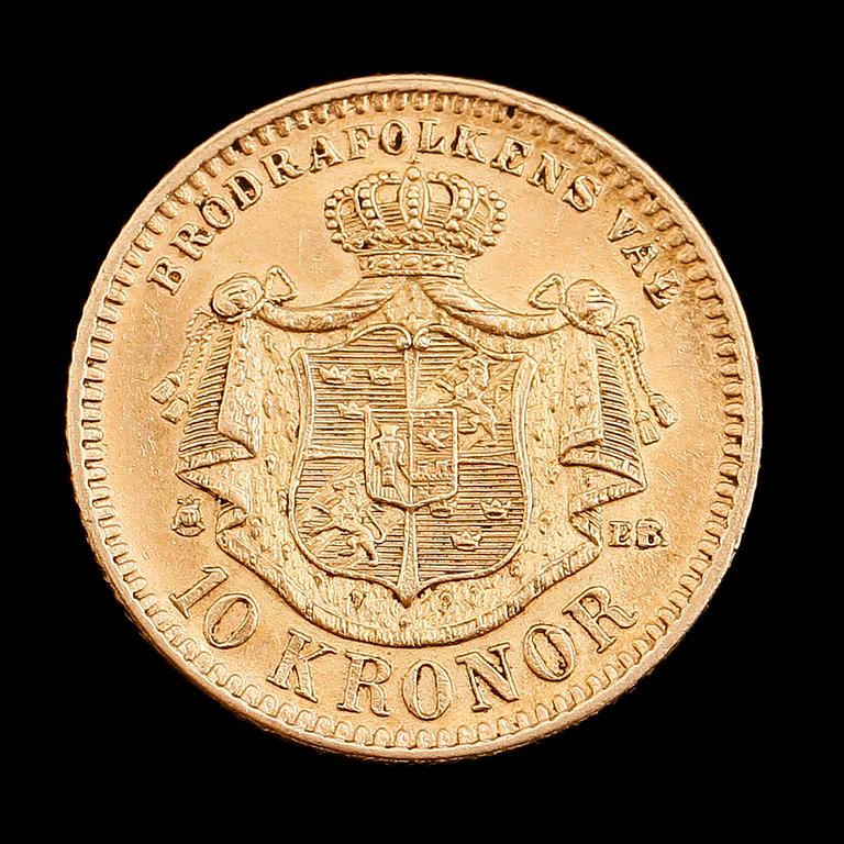 GULDMYNT, 10 kronor, Oscar II, 1883. Vikt ca 4 gram.