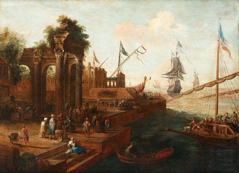 Abraham Storck Circle of, Harbor scene with figures and ships.