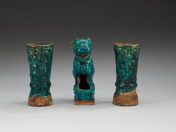 A set of two turquoise glazed altar vases and a Buddhist lion, Ming dynasty (1368-1644).