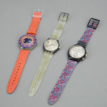 SWATCHKLOCKOR, 3st, "Chrono Award", "Musicall Spartito" och "Scuba 200, Red Island", plast, ca1992.
