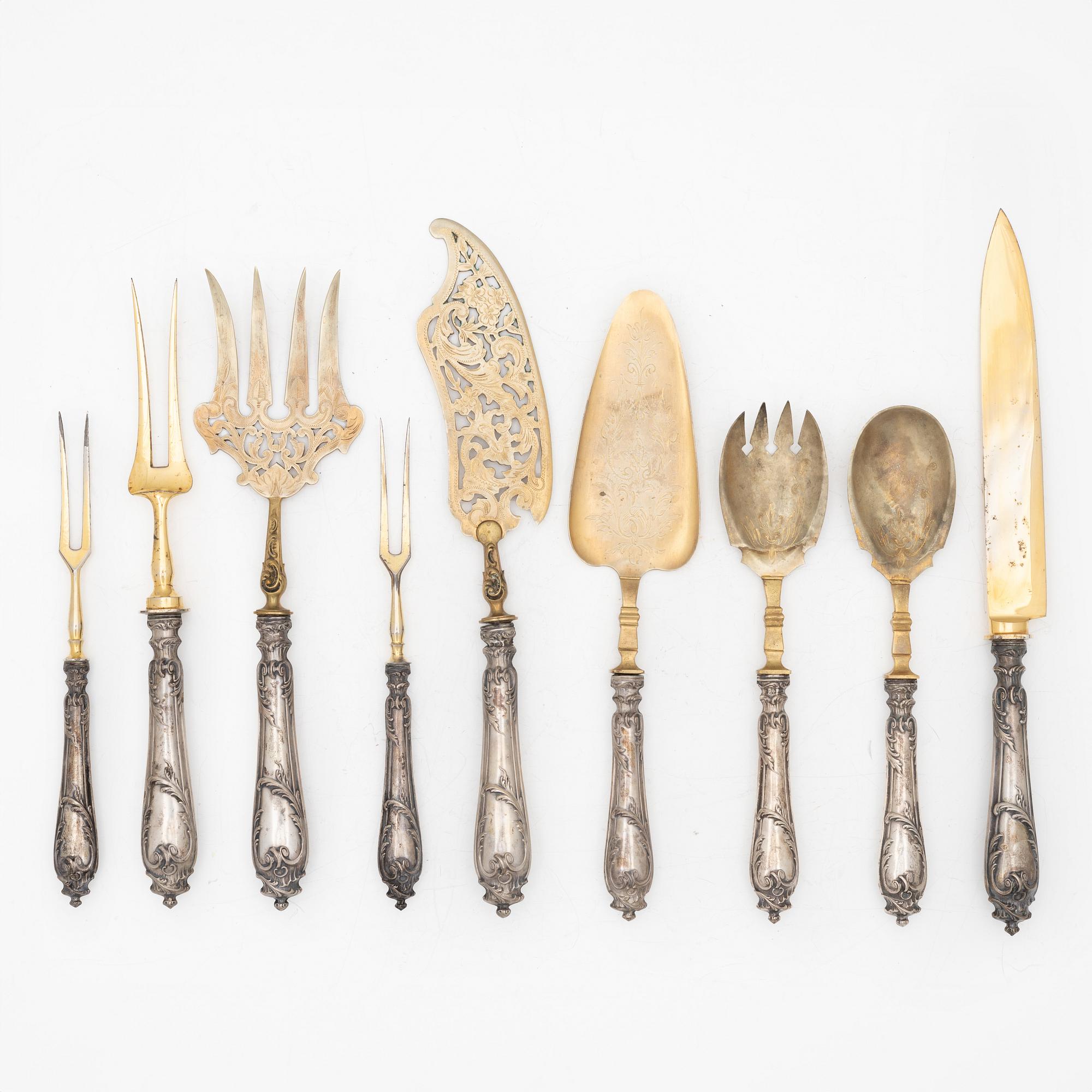 Serving cutlery, 9 pieces, silver, Rococo style, Germany, circa 1900.