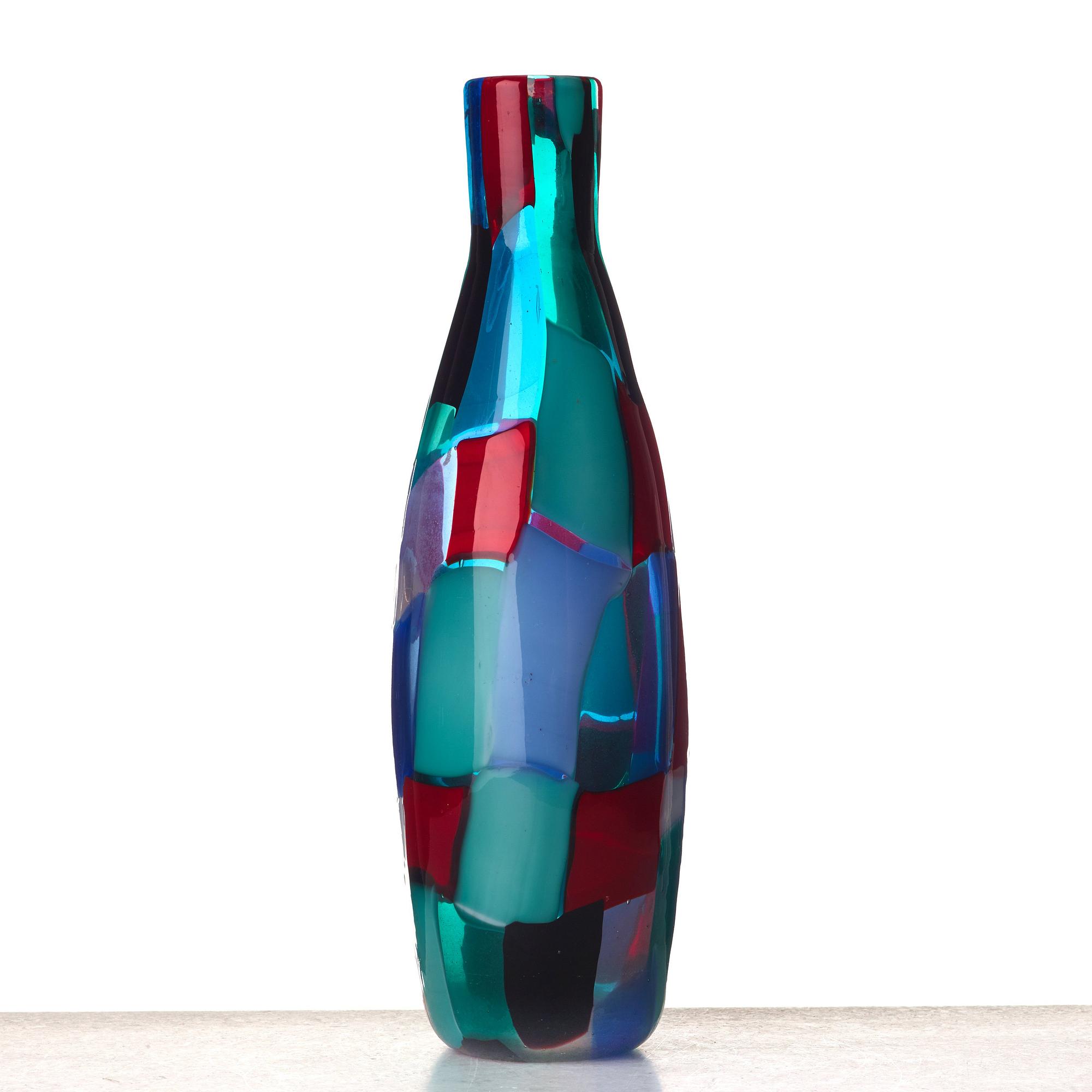 Fulvio Bianconi, a pezzato (patchwork pattern) glass bottle, Venini, Italy 1950's.