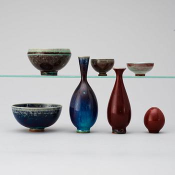 A Berndt Friberg set of 7 miniature vases and bowls, Gustavsberg Studio.