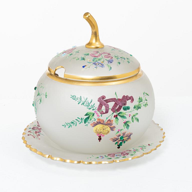 Punch bowl with lid and tray, frosted glass, Germany, circa 1900.