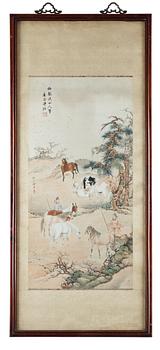 A fine painting of horses and herdsmen in a landscape, late Qing dynasty (1644-1912).