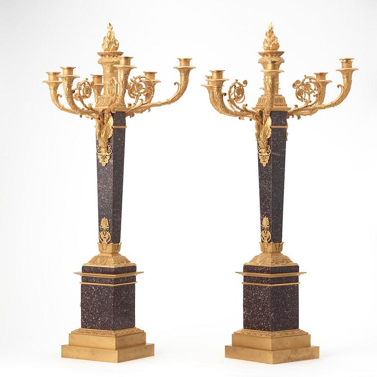 A pair of Empire style circa 1900 six-light candelabra.