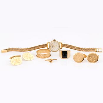 PARTI GULD, 8 delar, 18K, bland annat Guldvaruaktiebolaget G. Dahlgren & Co, Malmö, 1934 total vikt ca 47g.