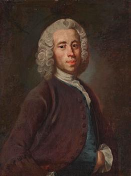 619. Olof Arenius, attributed to, Man in a brown coat and blue waistcoat, waist-up portrait.