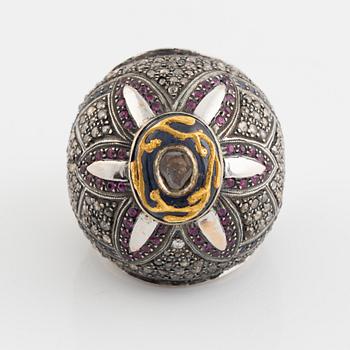 Flat cut diamond, rose cut diamonds, sapphire and ruby ring.