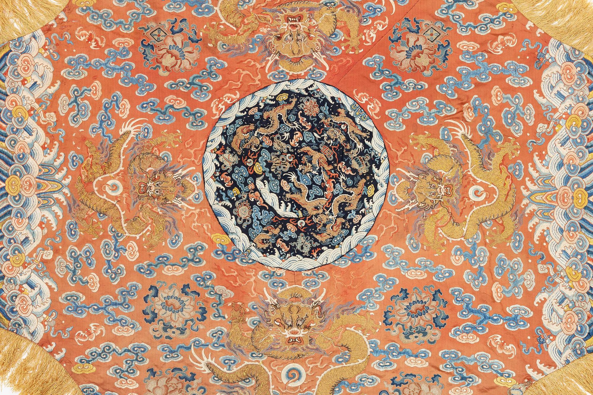 A group of three embroidered silk textiles, Qing dynasty, 18th/19th century.