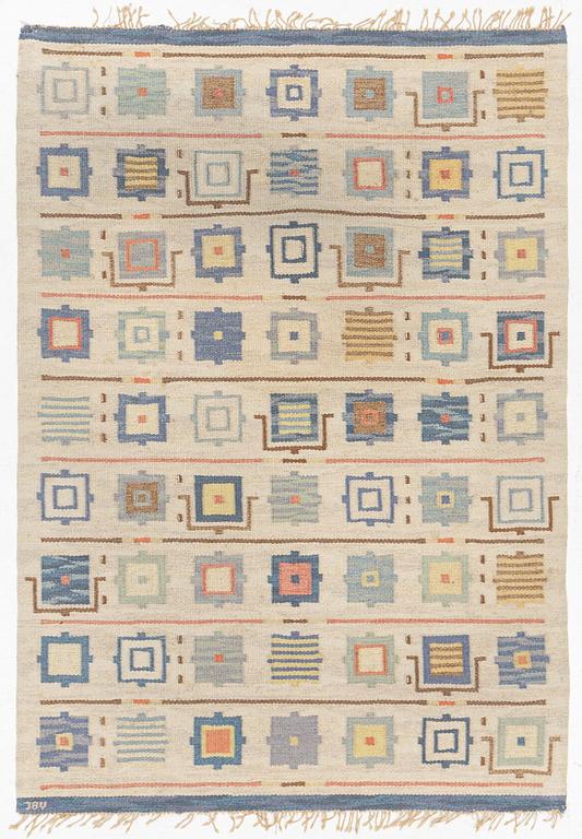 A carpet, flat weave, ca 201 x 141 cm, signed JBV (Johanna Brunssons Vävskola).