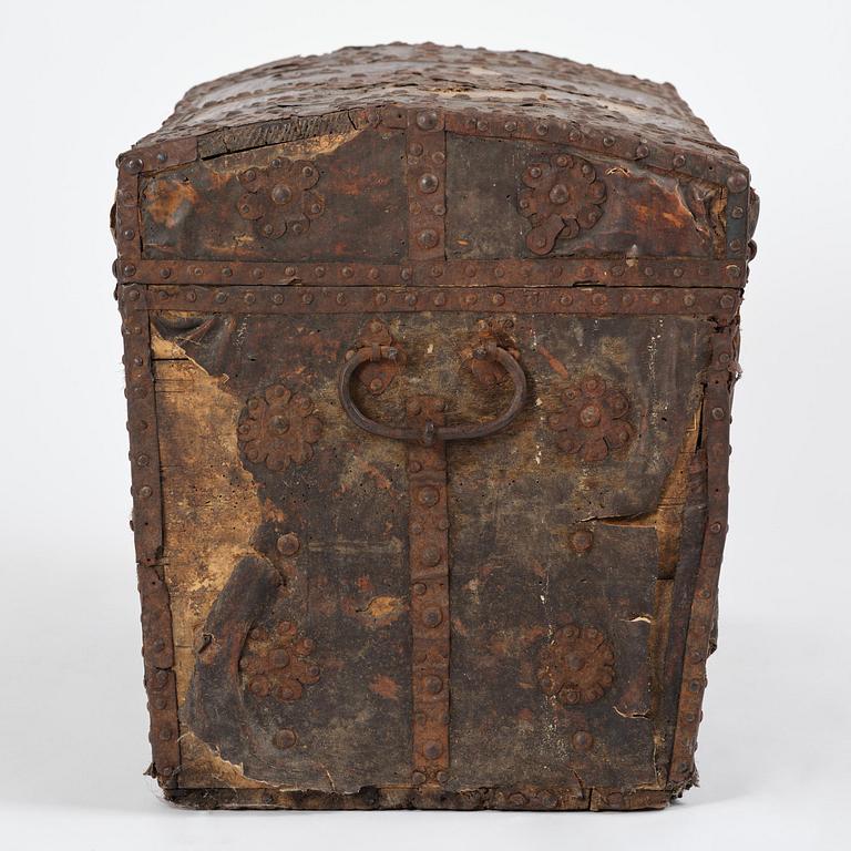 A Dutch baroque iron-bound and leather clad chest, later part 17th century.