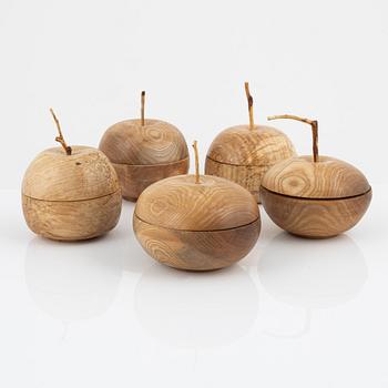 Magnus Ek, a set of four birch and ash wood appetizer bowls with lids for Oaxen Krog.