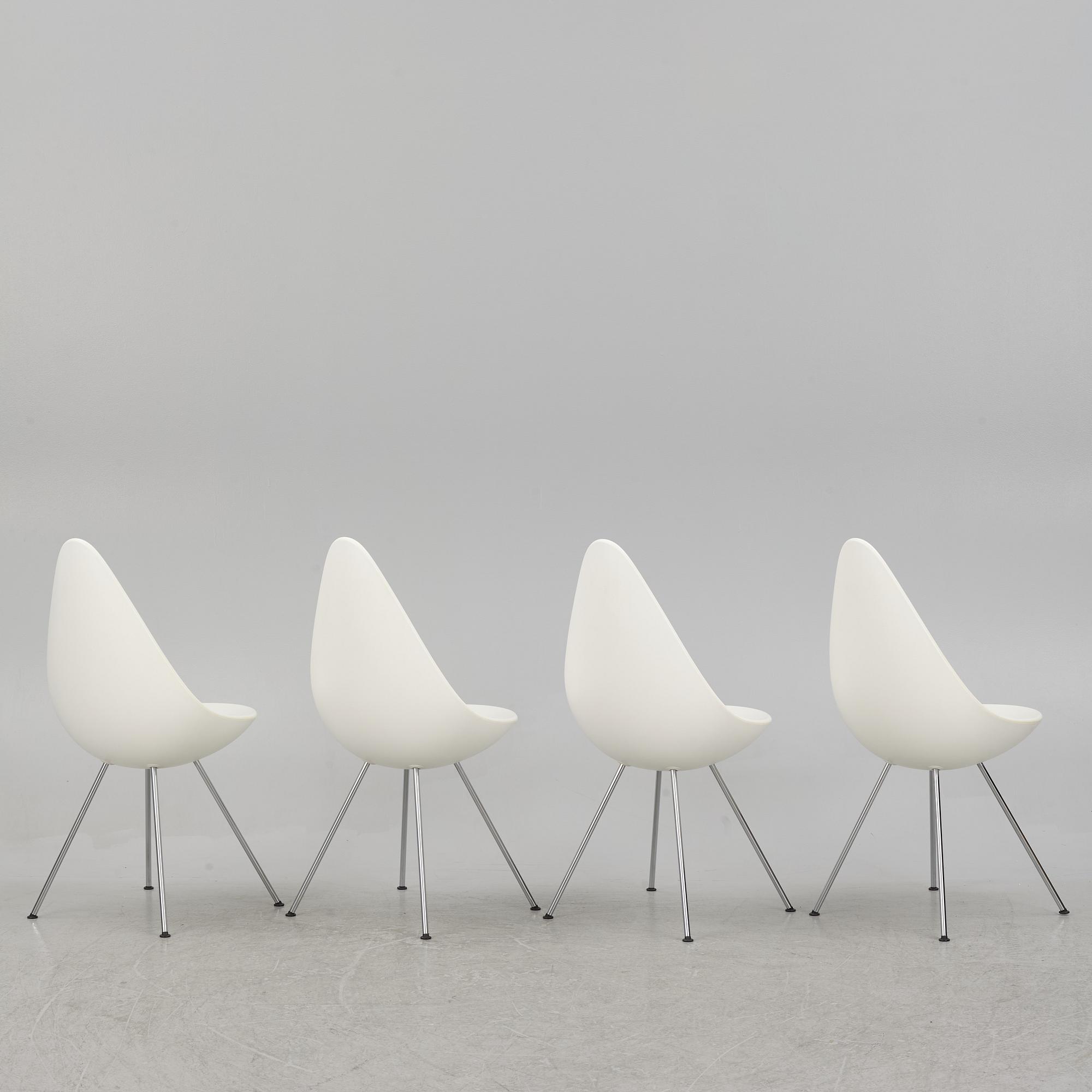 Arne Jacobsen, a set of four 'Drop' chiars, Fritz Hansen, Denmark 2019.