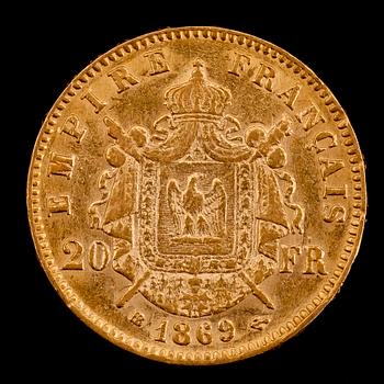 GULDMYNT, Napoleon III, 20 fr, 1869. Vikt ca 6 g.