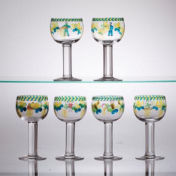 A set of six Gunnar Cyrén enameled glass goblets, Orrefors 1968.