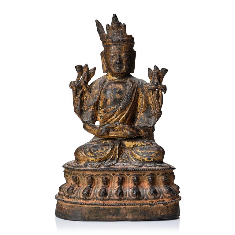 A cold gilt bronze figure of Bodhisattva, late Ming dynasty (1368-1644).