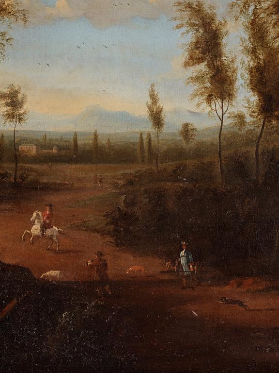 Unknown artist, 18th Century, Landscape with figures and riders beside a manor, a pair.