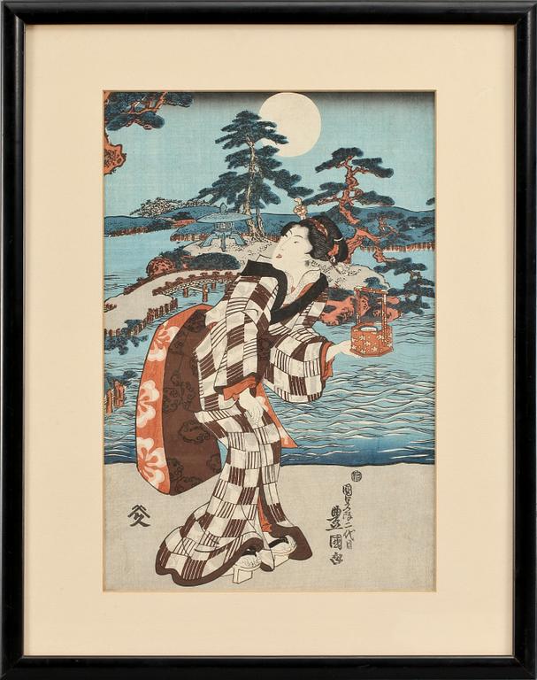 TRÄSNITT, Japan, sign i trycket Toyokuni II. Tryckt 1844.