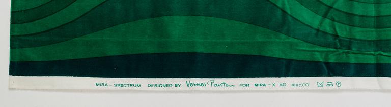 Verner Panton, CURTAINS, 3 PIECES, AND SAMPLERS, 10 PIECES.  Cotton velor. A variety of green nuances and patterns. Verner Panton.