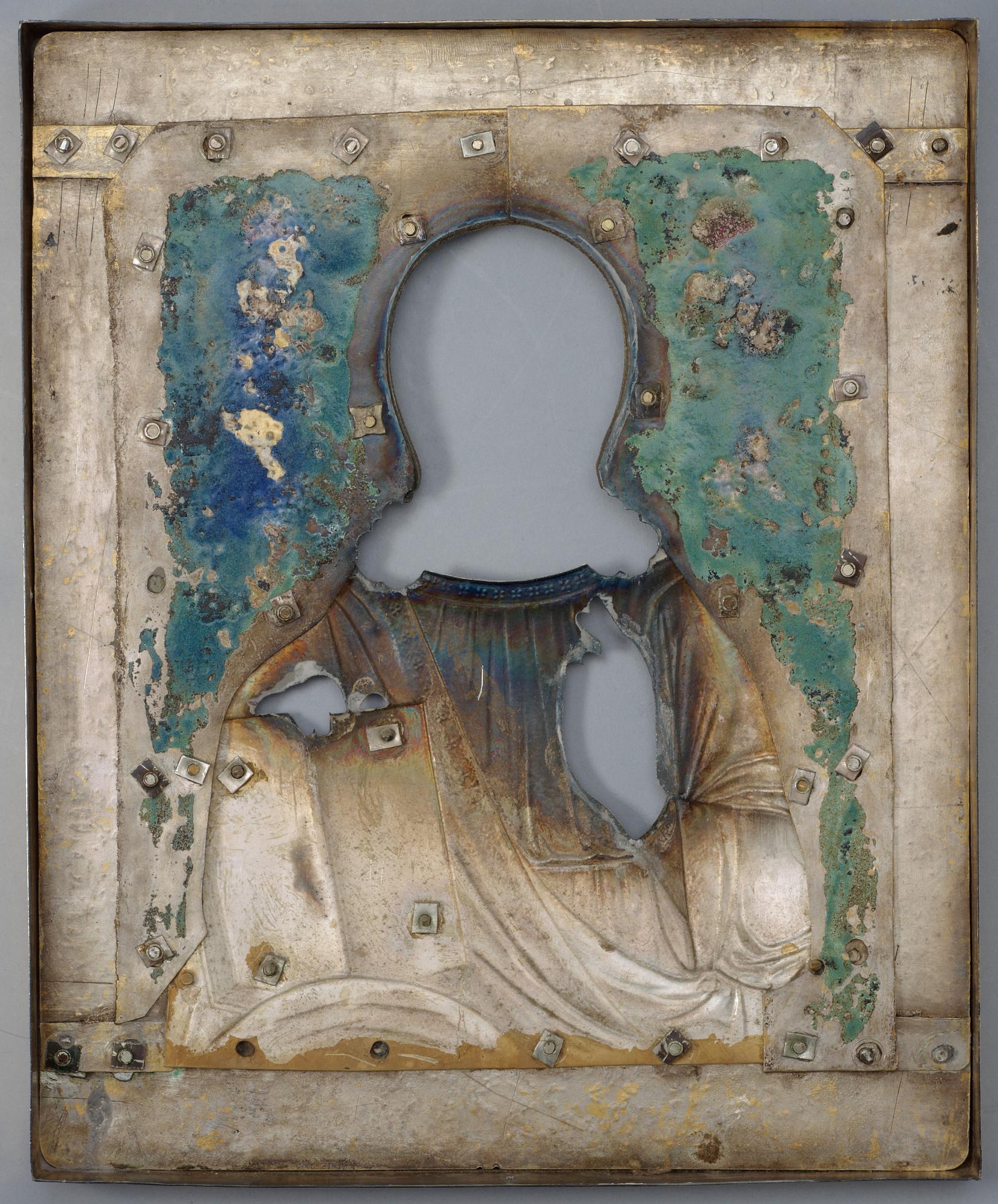 A Russian 19th century silver-gilt and enamel icon, marks of Pavel Ovtchinnikov, Moscow 1881. Imperrial Warrant.