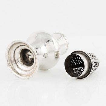 An English silver sugar shaker, marks of Benjamin Mordecai, London 1781.