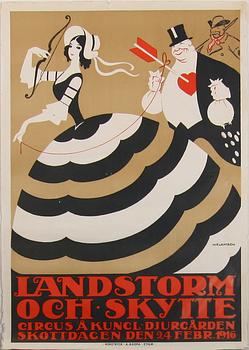 AFFISCH, tryck, "Landstorm och skytte", sign Welamson i trycket, Stockholm 1916.