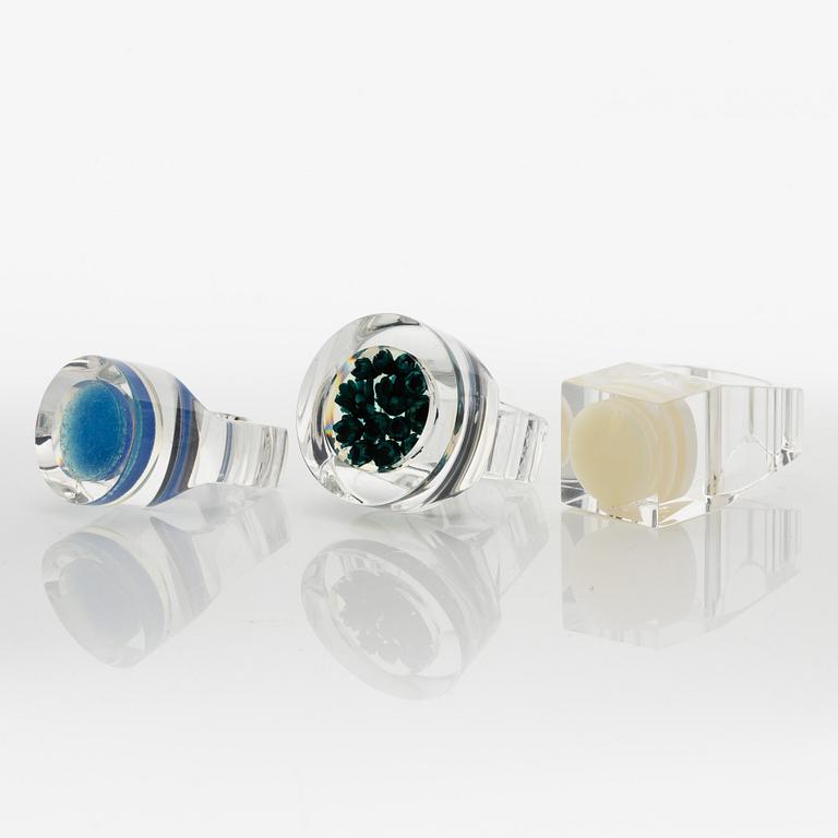 Siv Lagerström, three acrylic plastic rings, 1970s.