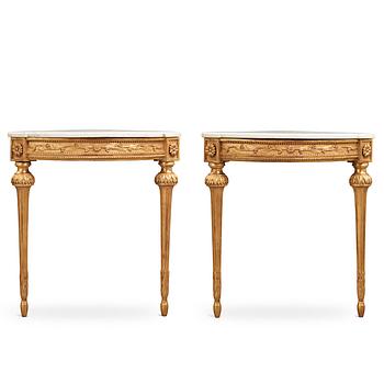 71. A pair of Gustavian late 18th century corner console tables.