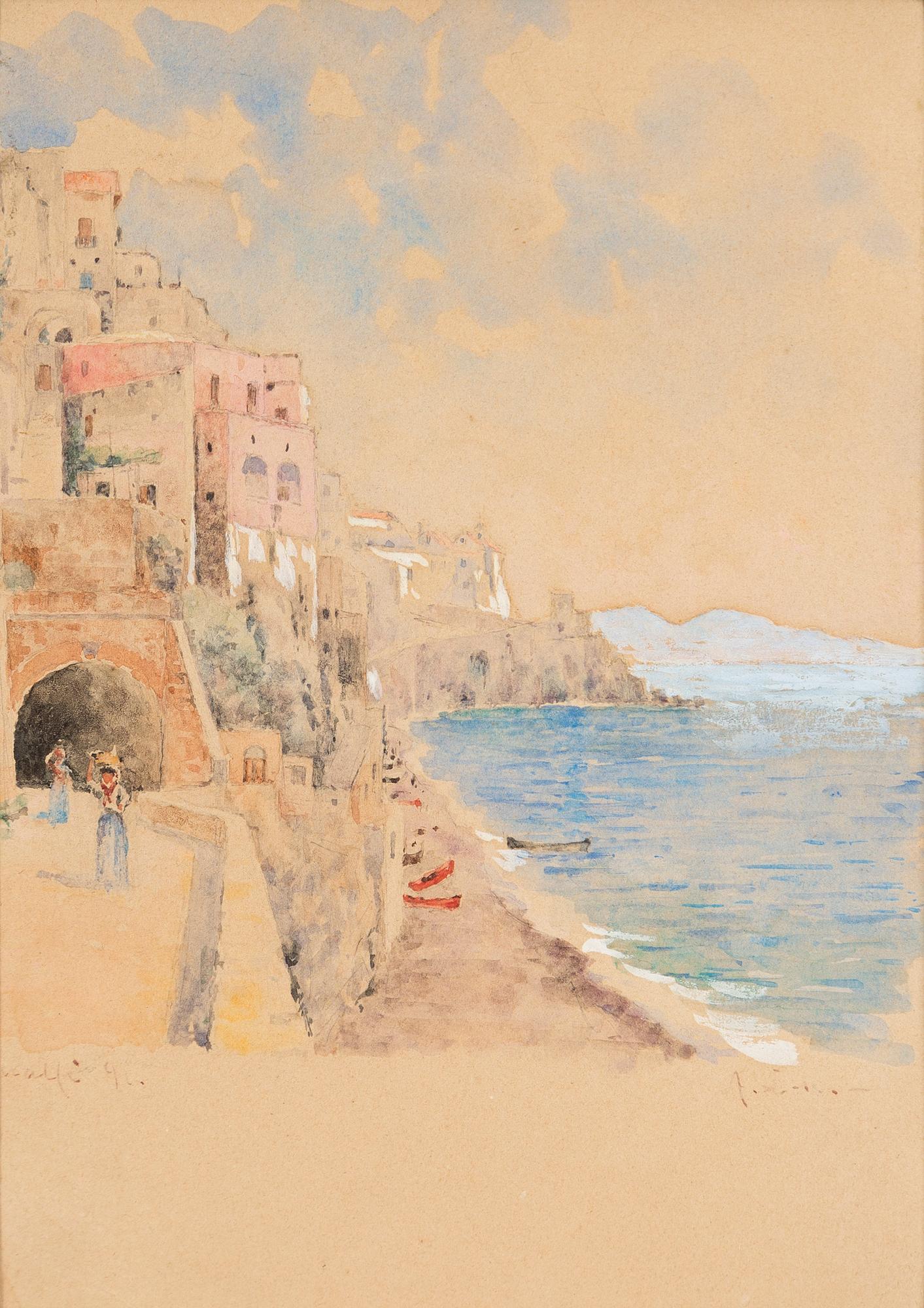 UNKNOWN ARTIST, 19/20th C. Watercolour with heightening white, indistinctly signed and dated Amalfi -91 (?).
