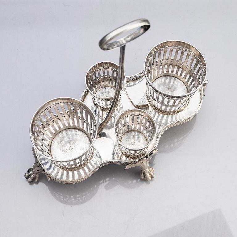 A Swedish 18/19th century silver and glass cruet-set, mark of Pehr Zethelius and Paul Wihlborg, Stockholm 1795 and 1814.