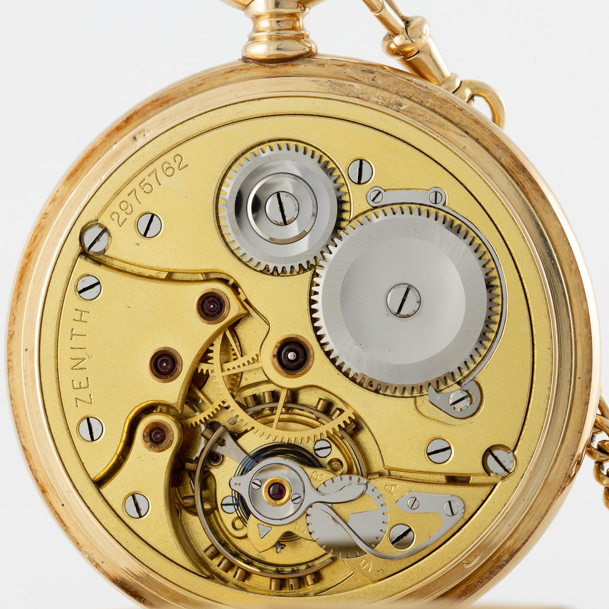 Zenith, pocket watch, 14K gold, hunter, with chain in 18K gold, 51.5 mm.