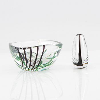 Vicke Lindstrand, vases 3 pcs and bowl "Seaweed" Kosta.