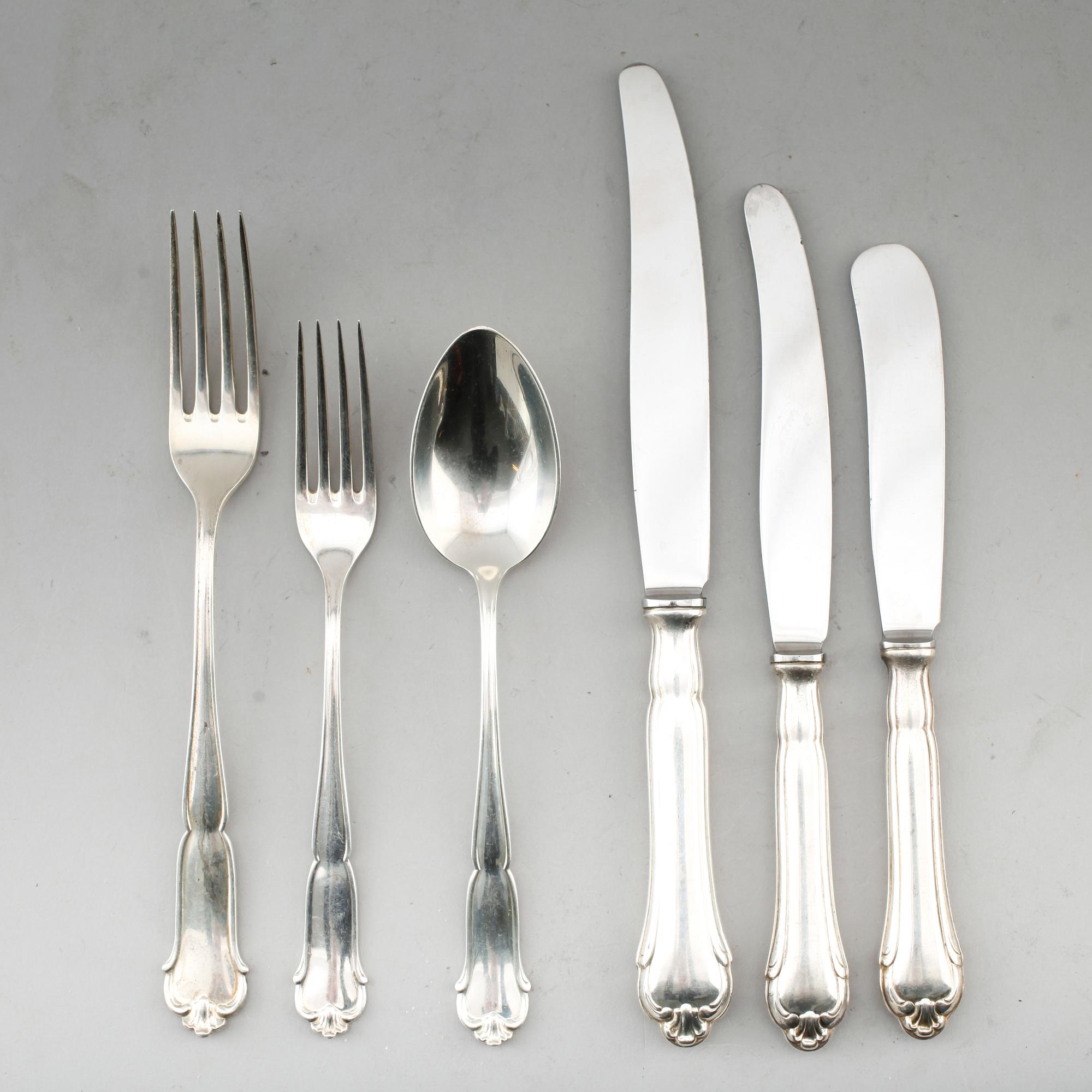 BESTICK, 34 delar, silver, CG Hallberg, Stockholm 1939. Vikt med stålblad ca 1945 g.