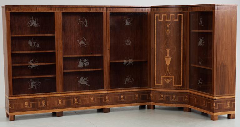 A Swedish palisander showcase cabinet with inlays and engraved glass panels signed by Vicke Lindstrand, Orrefors 1933.