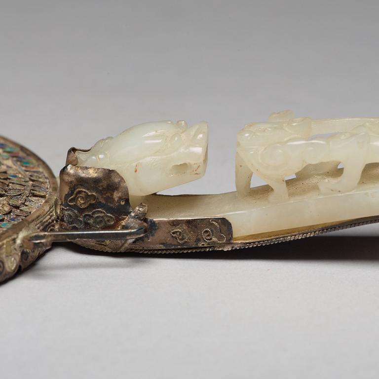 A Chinese silver mirror with carved nephrite placque and belt hook, early 20th Century.