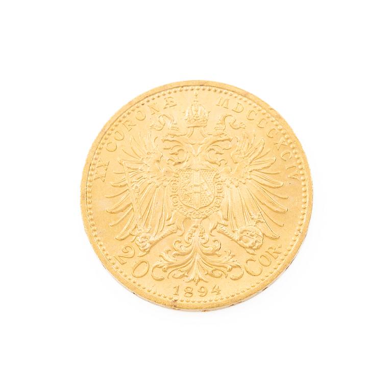 Guldmynt, Österrike-Ungern, 20 Corona, 1894.
