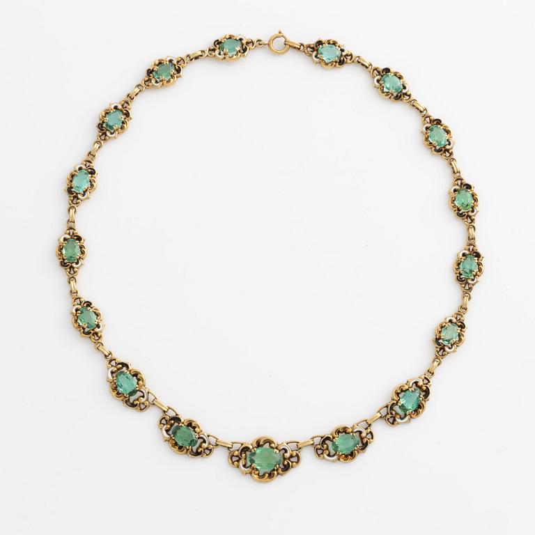 Necklace gold with green tourmalines and enamel.
