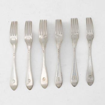 Carl Magnus Ryberg, matgafflar, 6 st, silver, gammalsvensk modell, Stockholm 1818.