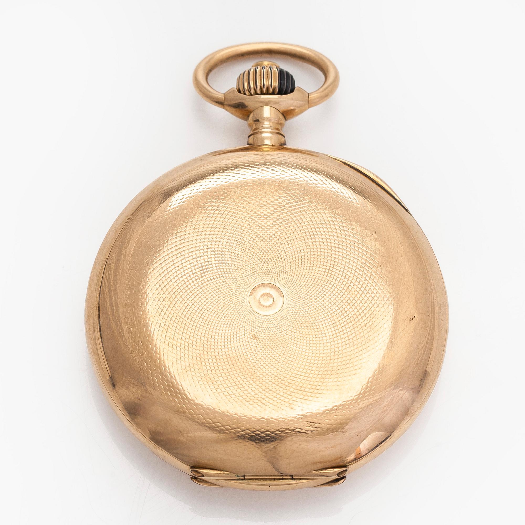 Pocket watch, Borel Neuchatel, 53 mm, 14K gold, lever escapement, plastic crystal.