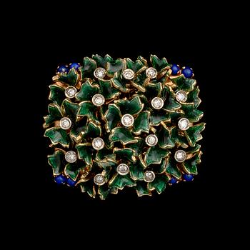 A BROOCH, 18K gold, enamel, lapis lazuli, 8/8 cut diamonds. Italy.