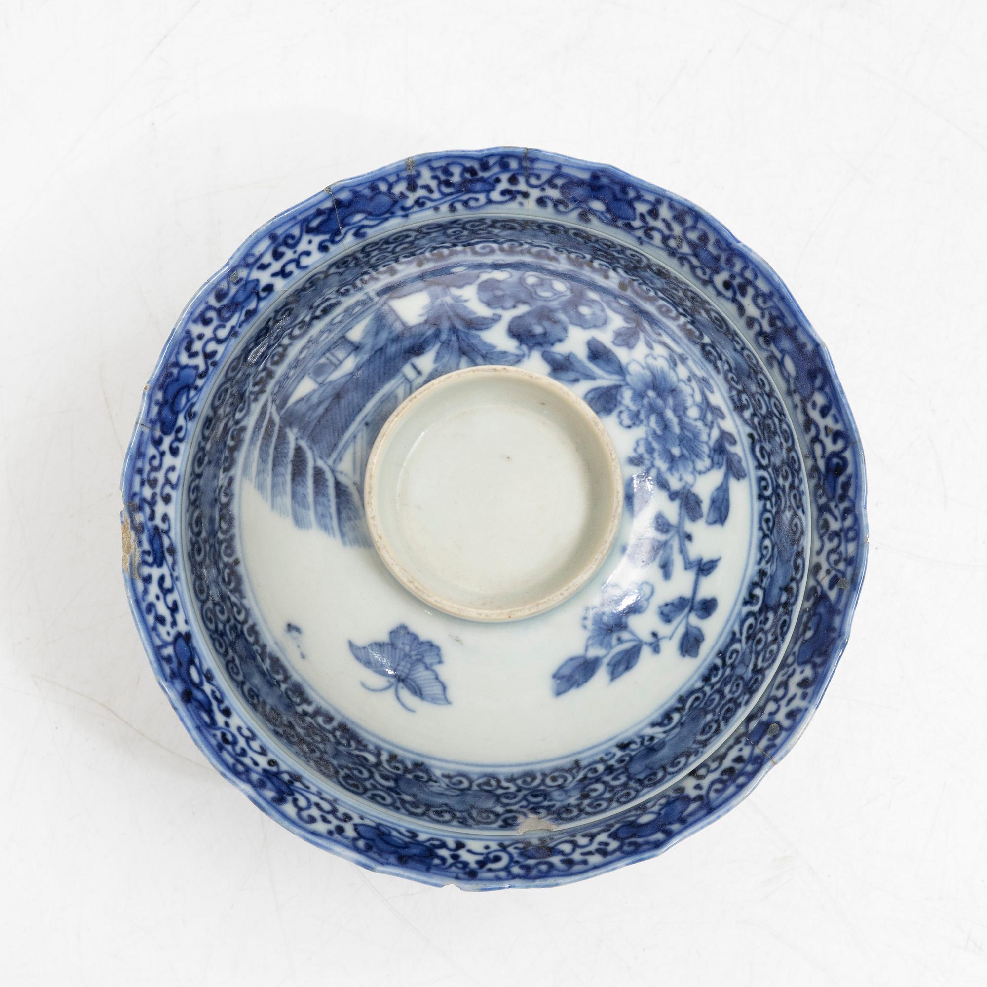 A blue and white butter dish with stand and cover, and a blue and white bowl with cover, China, Qianlong (1736-95).