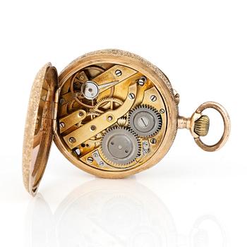 FICKUR OCH FICKURSSTÄLL, 18 k guld, omkring 1900. Tot vikt ca 34,6 gram.