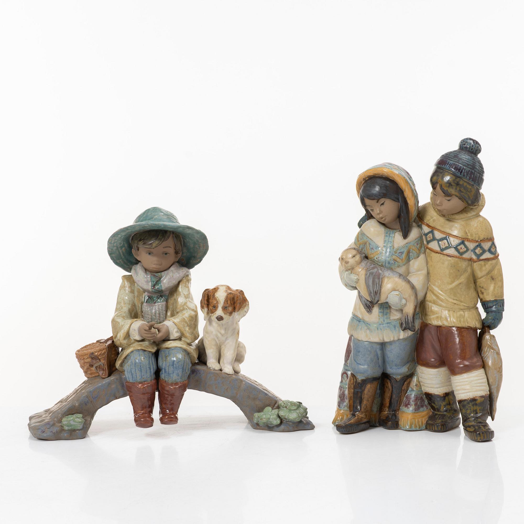 Lladró, five figurines, including "Arctic friends", "Arctic allies", "The old fishing hole", Spain.