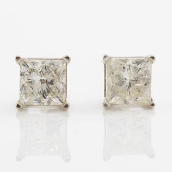Earrings. a pair, 14K white gold with princess-cut diamonds.