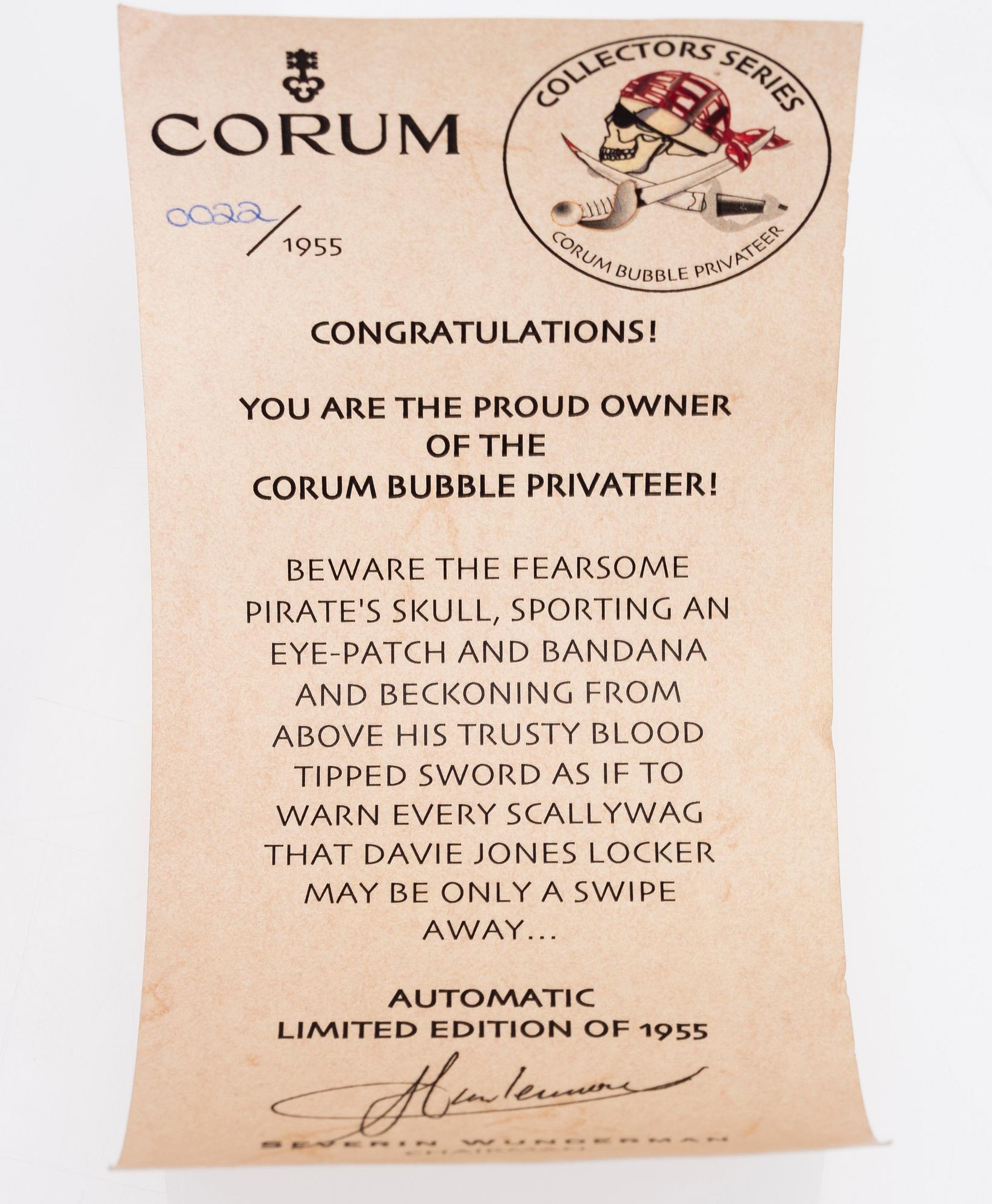 CORUM, Bubble Privateer, wrist watch, 45 mm.