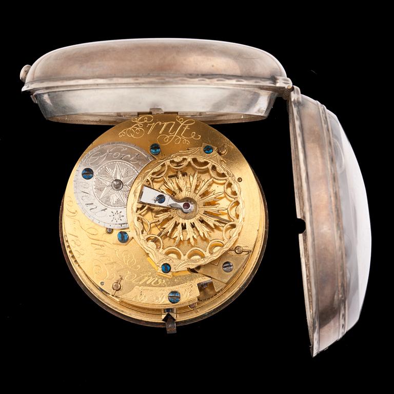 A silver verge pocket watch, Ernst, Stockholm, c. 1770's.