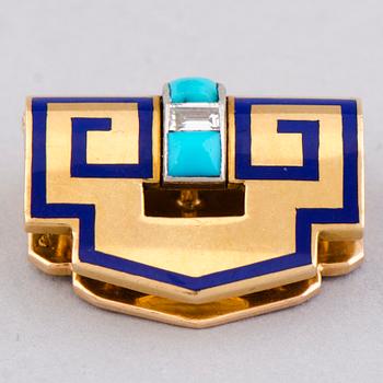 A CARTIER DRESS CLIP, baguette cut diamond, turqouise, 18k gold.